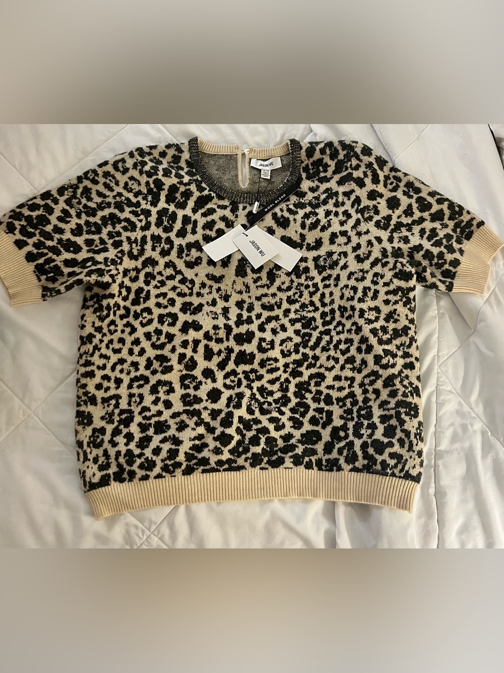 Jason Wu Neutral Leopard-Print Knit Sweater with Sparkle Trim